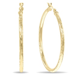 14k yellow gold shiny diamond cut engraved hoop earrings (35mm)