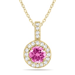 1/2 carat tw halo pink topaz and diamond pendant in 10k yellow gold