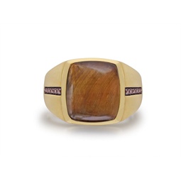 chatoyant yellow tiger eye stone & champagne diamond signet ring in 14k yellow gold plated sterling silver