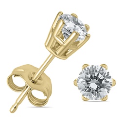 1/2 carat tw 6 prong round diamond solitaire stud earrings in 14k yellow gold