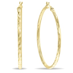 10k yellow gold shiny diamond cut engraved hoop earrings (40mm)