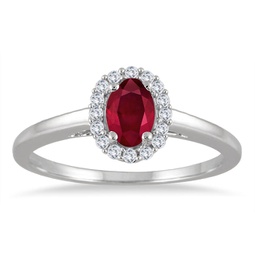 6x4mm oval shape ruby and diamond halo ring in 10k white gold