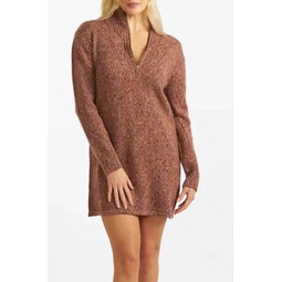 marled wool cashmere half zip sweater dress in brown