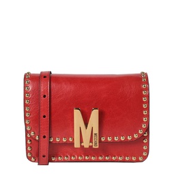 m logo studded leather shoulder bag