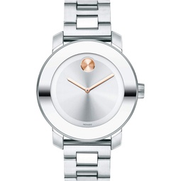 Movado Womens BOLD Iconic Metal Watch with a Flat Dot Sunray Dial, Silver/Pink/Gold (Model 3600084)