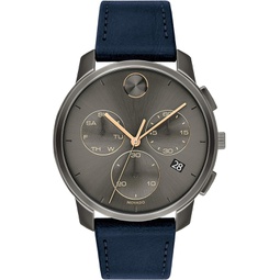 Movado Bold Thin Mens Swiss Qtz Chrono Stainless Steel and Leather Strap Casual Watch, Color: Navy (Model: 3600720)