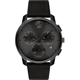 Movado Mens Bold Thin Stainless Steel Swiss Quartz Watch with Leather Strap, Black