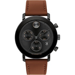 Movado Mens Bold Evolution Black Ion-Plated Stainless Steel Case with a Brown Leather Strap Swiss Quartz Watch, Black (Model: 3600884)