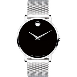 Movado Mens Museum Stainless Steel Watch with Concave Dot Museum Dial, Black/Silver (Model 607219)