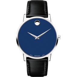 Movado Mens Museum Stainless Steel Watch with Concave Dot, Silver/Blue/Black Strap (Model 607270)