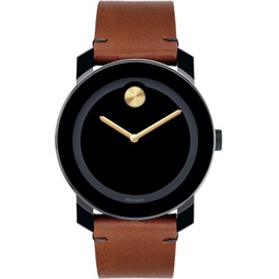 Movado Mens BOLD TR90 Watch with a Sunray Dot and Leather Strap, Black/Gold (Model 3600305)