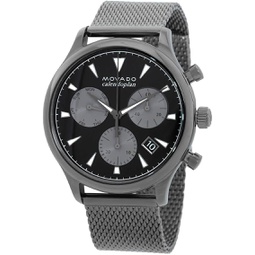 Movado 3650100 Black Dial Gunmetal Stainless Steel Mesh Bracelet 43mm Mens Chronograph Heritage Watch