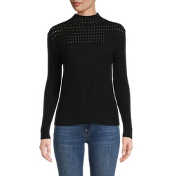 Mockneck Woven Ribbed Knit Sweater