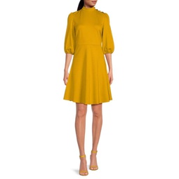 Solid Puff Sleeve A-Line Dress