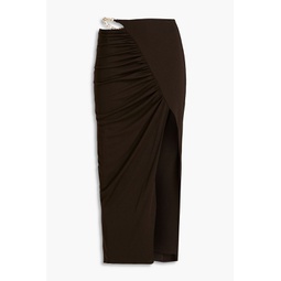 Dorette chain-trimmed ruched jersey midi skirt