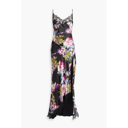 Sage hammered floral-print silk-satin dress
