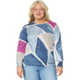 Womens NIC+ZOE Plus Size Printed Tiles Femme Sleeve Sweater