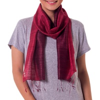 NOVICA Red 100% Ombre Silk Scarf, ‘Roses and Red Wine