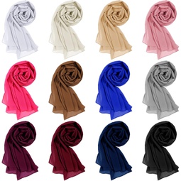 Newcotte 12 Pcs Soft Chiffon Scarves Shawl 12 Solid Color Long Scarf Chiffon Hijab for Women Hair Head Wraps for Evening Dresses, 70 x 28 Inches