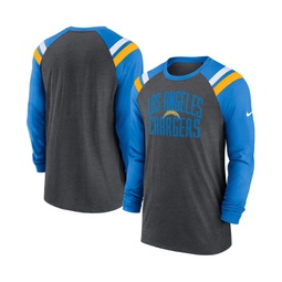 Mens Heathered Charcoal Powder Blue Los Angeles Chargers Tri-Blend Raglan Athletic Long Sleeve Fashion T-shirt