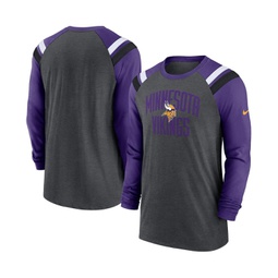 Mens Heathered Charcoal Purple Minnesota Vikings Tri-Blend Raglan Athletic Long Sleeve Fashion T-shirt