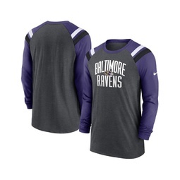 Mens Heathered Charcoal Purple Baltimore Ravens Tri-Blend Raglan Athletic Long Sleeve Fashion T-shirt