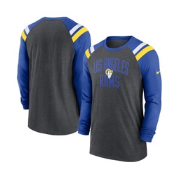 Mens Heathered Charcoal Royal Los Angeles Rams Tri-Blend Raglan Athletic Long Sleeve Fashion T-shirt