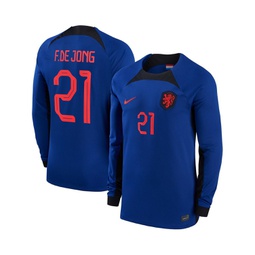 Mens Frenkie de Jong Blue Netherlands National Team 2022/23 Away Breathe Stadium Replica Player Long Sleeve Jersey
