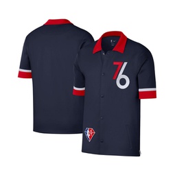 Mens Navy Red Philadelphia 76ers 2021/22 City Edition Therma Flex Showtime Short Sleeve Full-Snap Collar Jacket