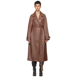 Brown Belted Faux Leather Coat 241958F067000