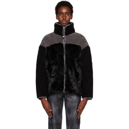 Black   Gray Paneled Zip Up Faux Fur Sweater 222731F097011