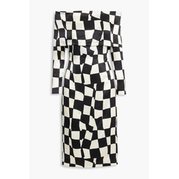 Off-the-shoulder checked silk-satin dress
