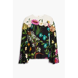 Appliqued tulle-paneled floral-print crepe blouse