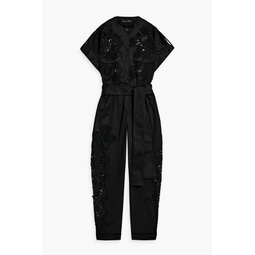 Guipure lace-paneled cotton-blend twill jumpsuit