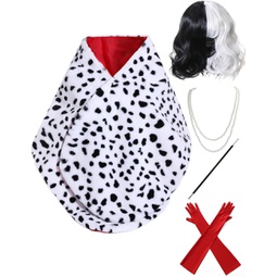 PJOALDES Cruella Deville Costume Women Dalmation Shawl Black and White Wig Gloves,Necklace and Wig Cap Accessories