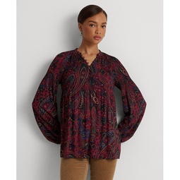 Womens Checked Paisley Pleated Georgette Blouse