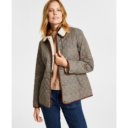 Womens Faux-Sherpa Collar Quilted Coat