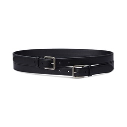 Womens Leather Double-Buckle Stacked Wide Belt