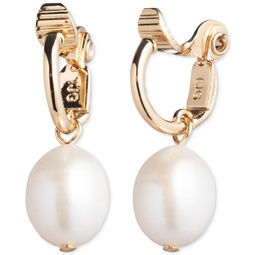 Gold-Tone White Freshwater Pearl (12mm) Drop Clip On Earrings