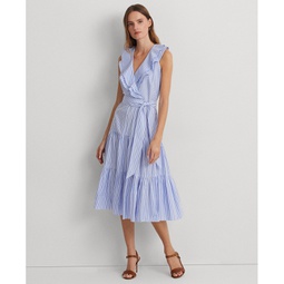 Womens Striped Cotton Broadcloth Surplice Dress