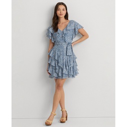 Womens Ruffled Chiffon Fit & Flare Dress