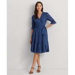 Womens Tie-Front Cotton Voile Surplice Dress