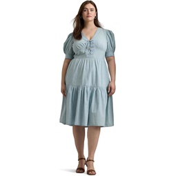 Womens LAUREN Ralph Lauren Plus-Size Chambray Puff-Sleeve Dress