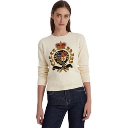 Womens LAUREN Ralph Lauren Petite Intarsia-Knit Crest Cotton-Blend Sweater