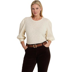 Womens LAUREN Ralph Lauren Plus-Size Jersey & Poplin Puff-Sleeve Top