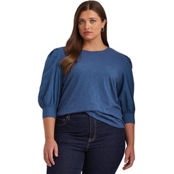 Womens LAUREN Ralph Lauren Plus-Size Jersey & Poplin Puff-Sleeve Top