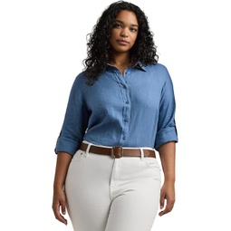 Womens LAUREN Ralph Lauren Plus-Size Linen Roll Tab?Sleeve Shirt
