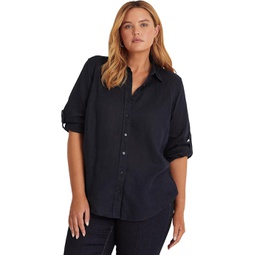 Womens LAUREN Ralph Lauren Plus-Size Linen Roll Tab?Sleeve Shirt
