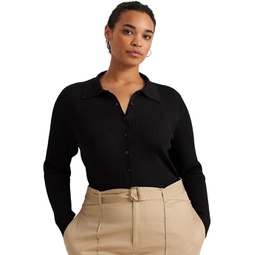 Womens LAUREN Ralph Lauren Plus-Size Rib-Knit Long-Sleeve Polo Cardigan
