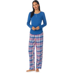 LAUREN Ralph Lauren Long Sleeve Knit Henley Top Woven Pants PJ Set